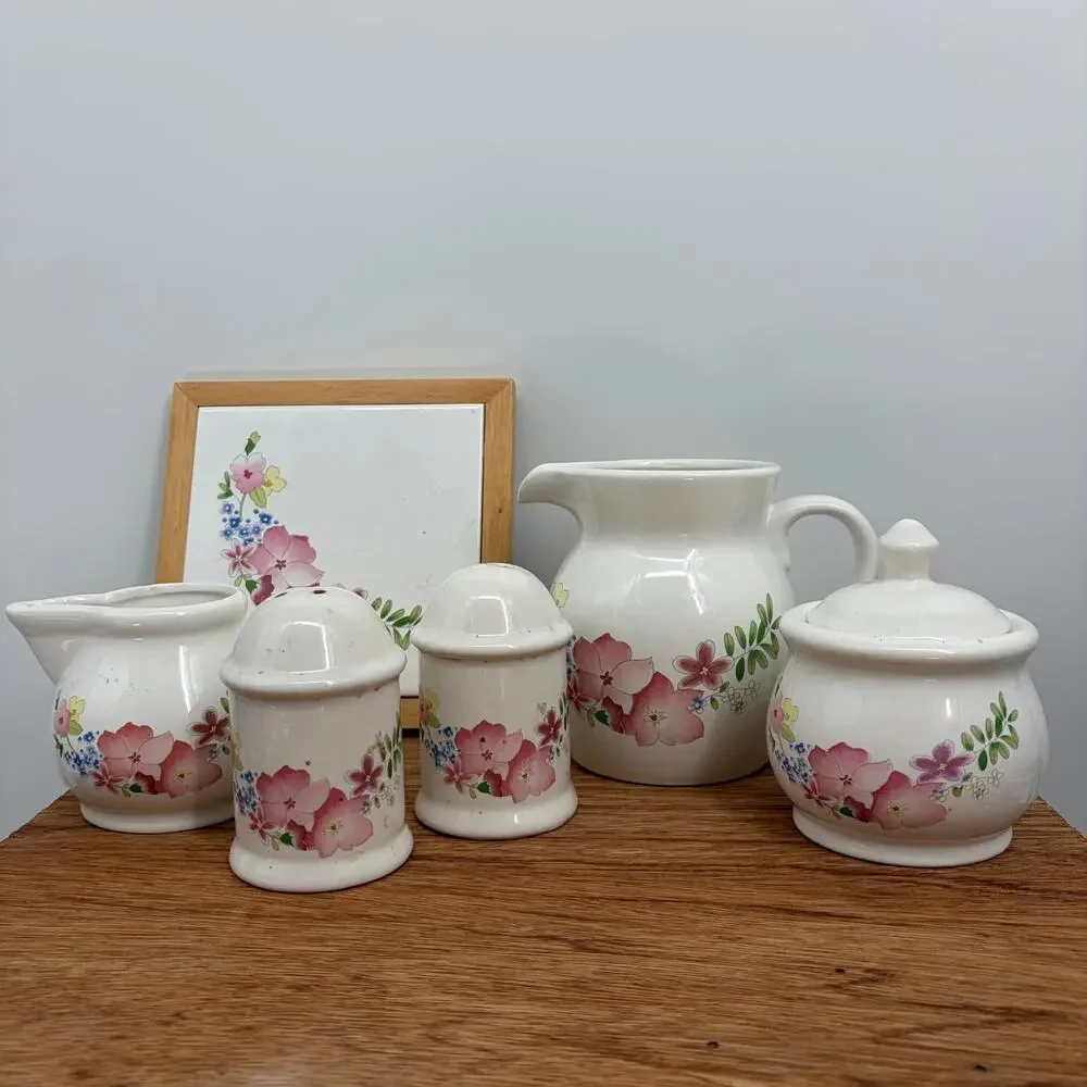 Vintage Ceramic 6-Piece Dish Floral Salt Pepper Shaker, Cream, Trivet, Sugar Set